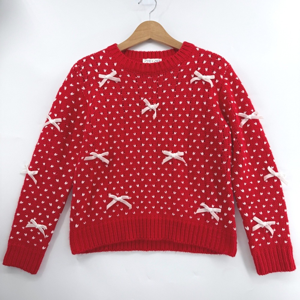 SHE+SKY Red White Valentines Heart Bow Handmade Knit Style‎ Sweater Womens Small